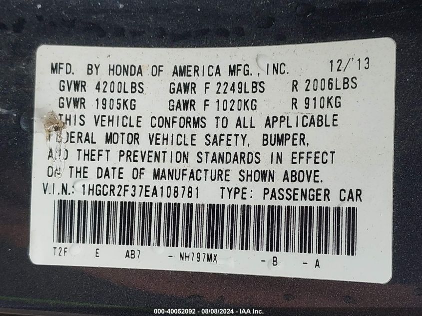 1HGCR2F37EA108781 2014 Honda Accord Lx