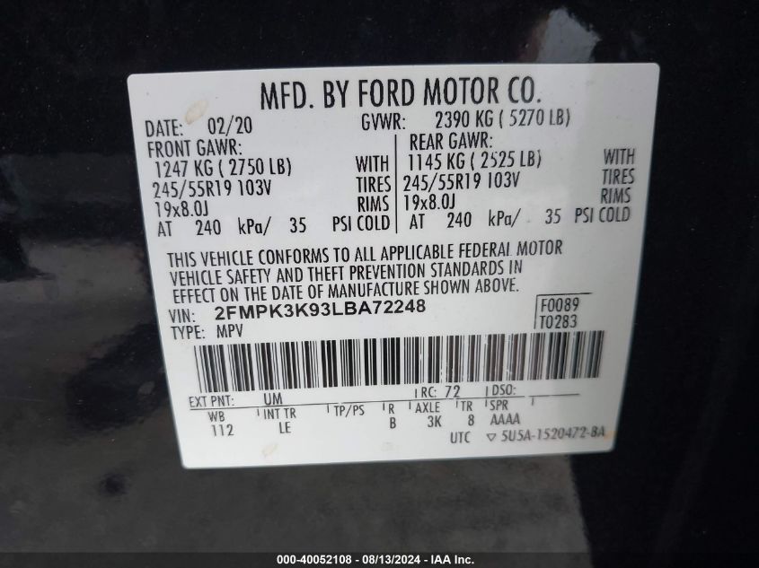 2020 Ford Edge Titanium VIN: 2FMPK3K93LBA72248 Lot: 40052108