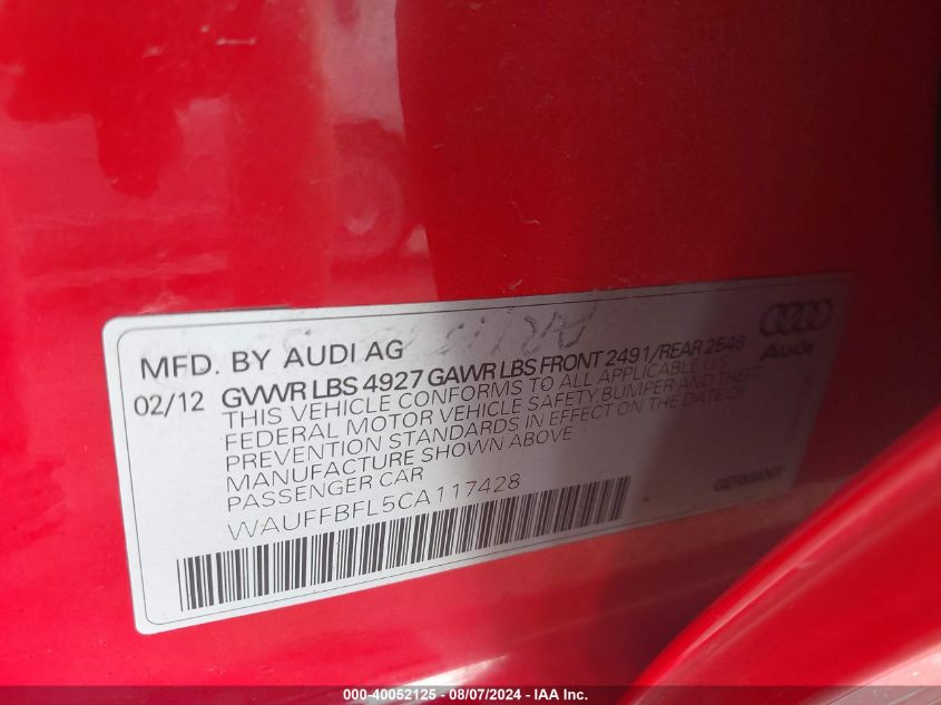 2012 Audi A4 2.0T Premium VIN: WAUFFBFL5CA117428 Lot: 40052125