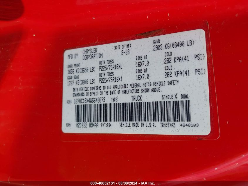 1998 Dodge Ram 1500 St/Ws VIN: 1B7HC16X4WS649673 Lot: 40052131