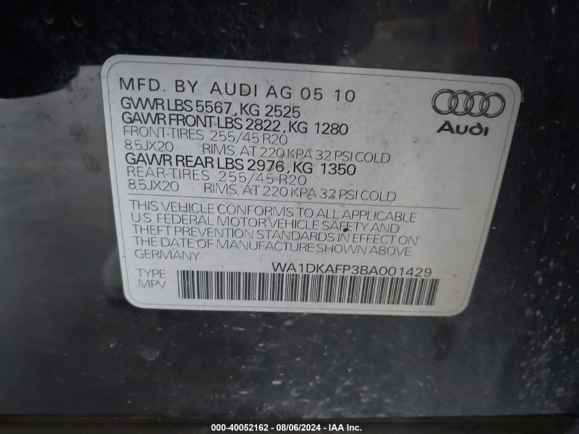 2011 Audi Q5 3.2 Premium Plus VIN: WA1DKAFP3BA001429 Lot: 40052162