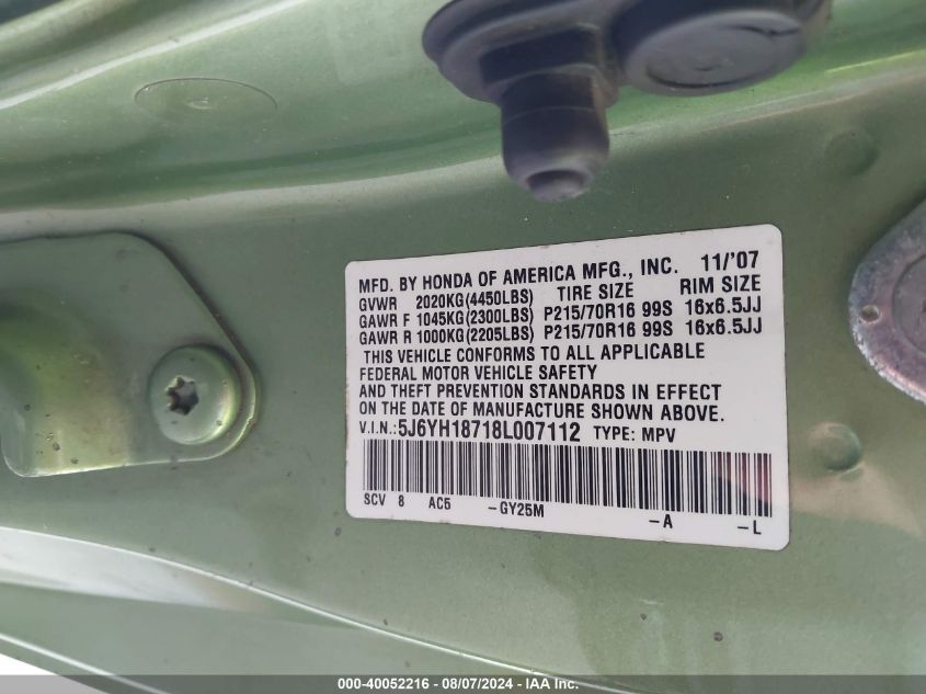 2008 Honda Element Ex VIN: 5J6YH18718L007112 Lot: 40052216