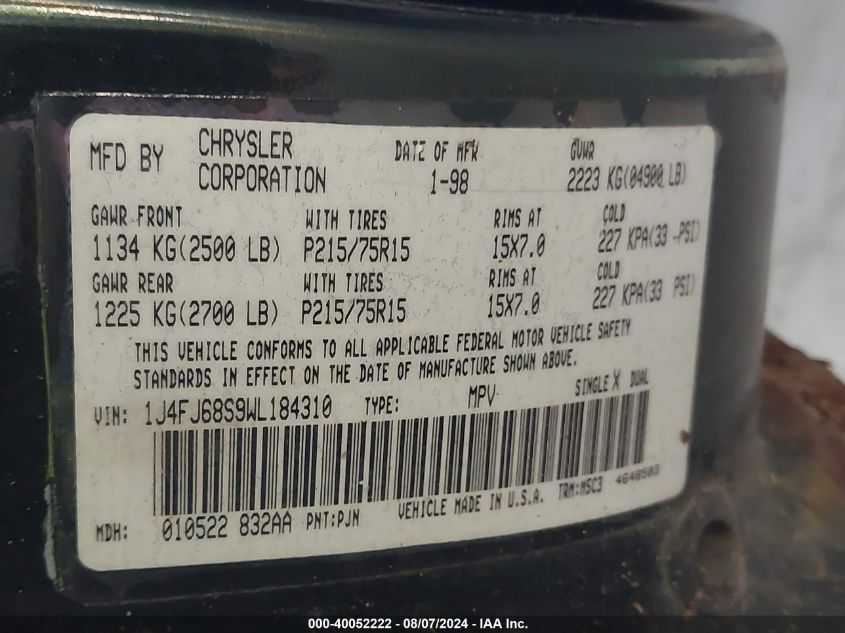 1998 Jeep Cherokee Classic/Sport VIN: 1J4FJ68S9WL184310 Lot: 40052222
