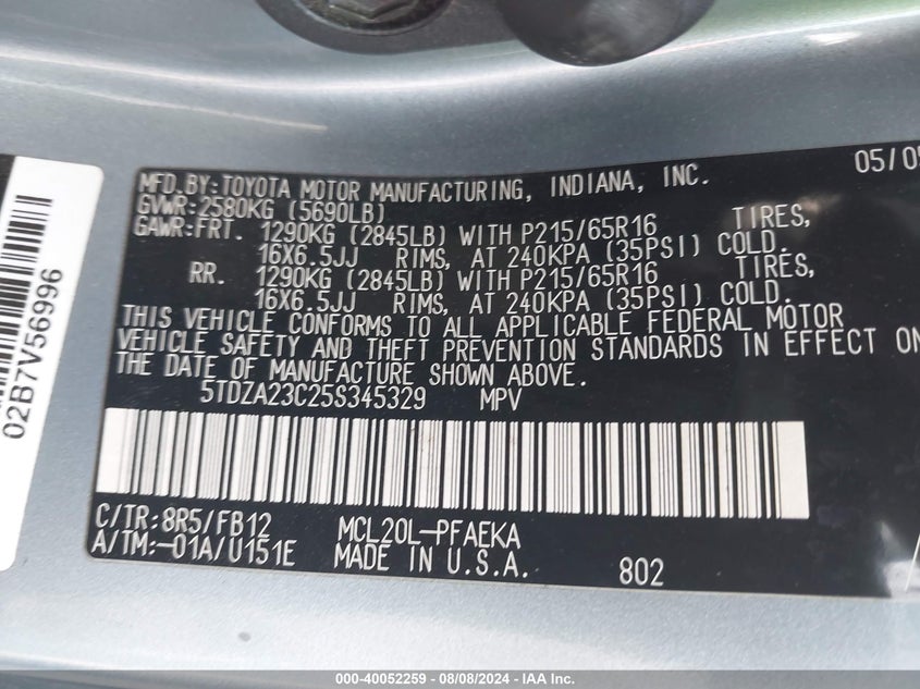 2005 Toyota Sienna Le VIN: 5TDZA23C25S345329 Lot: 40052259