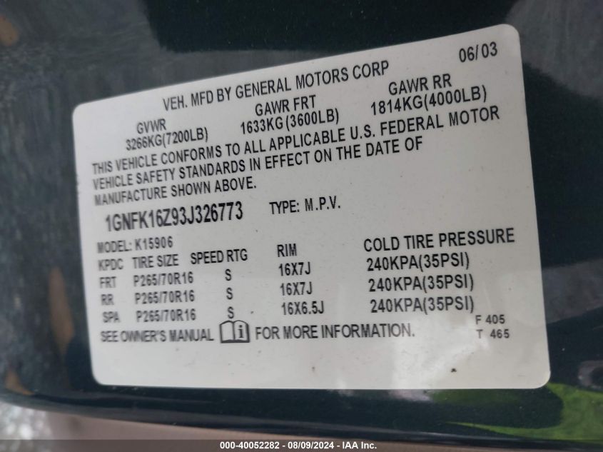 2003 Chevrolet Suburban 1500 Lt VIN: 1GNFK16Z93J326773 Lot: 40052282