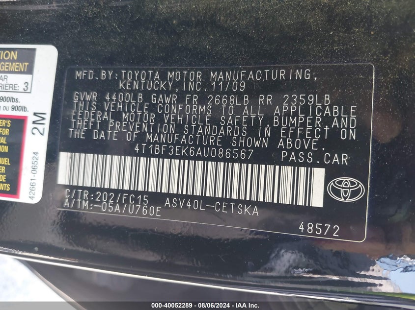2010 Toyota Camry Se VIN: 4T1BF3EK6AU086567 Lot: 40052289