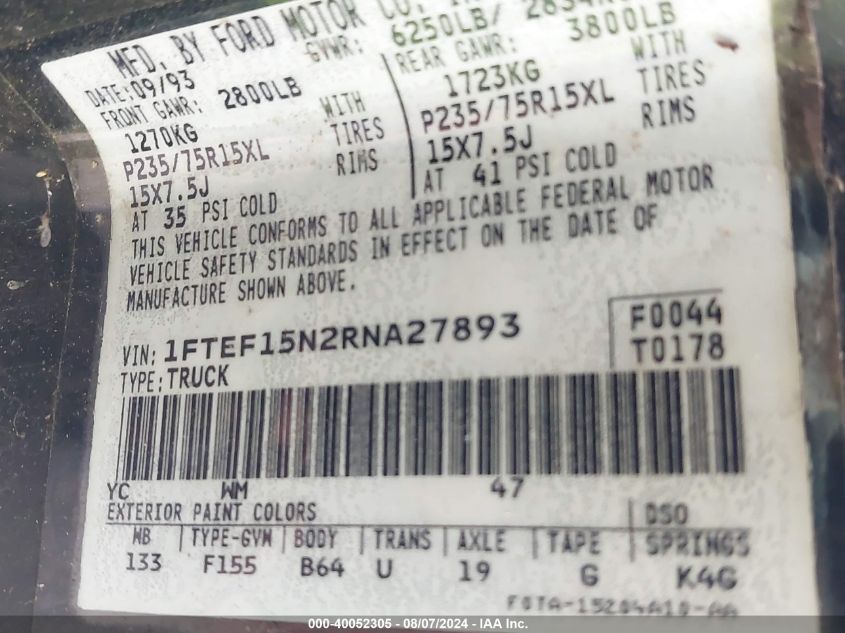 1994 Ford F150 VIN: 1FTEF15N2RNA27893 Lot: 40052305