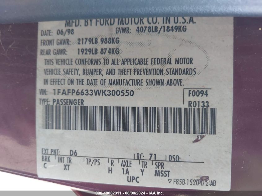 1998 Ford Contour Lx VIN: 1FAFP6633WK300550 Lot: 40052311