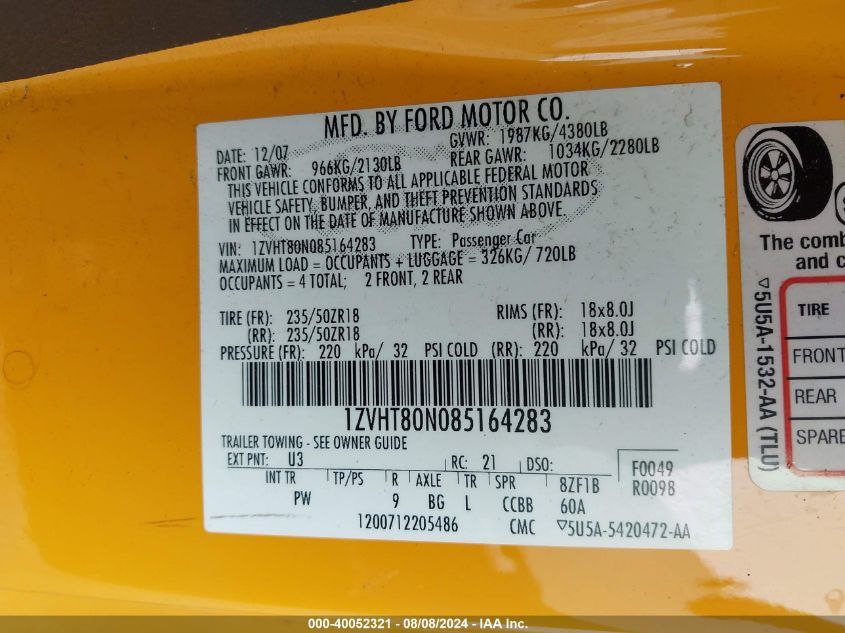 2008 Ford Mustang VIN: 1ZVHT80N085164283 Lot: 40052321