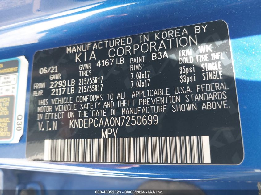 2022 Kia Seltos Lx VIN: KNDEPCAA0N7250699 Lot: 40052323