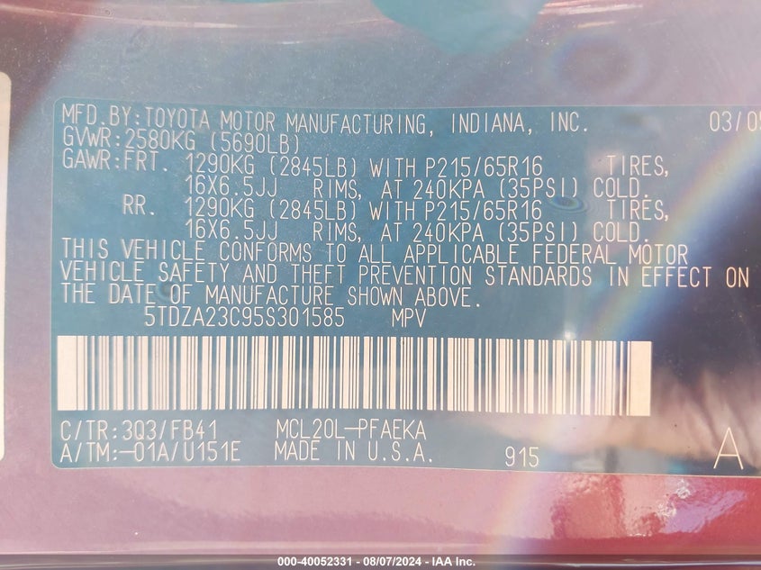 2005 Toyota Sienna Le VIN: 5TDZA23C95S301585 Lot: 40052331