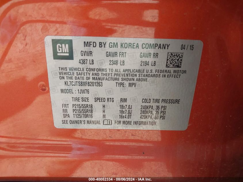 2015 Chevrolet Trax Ltz VIN: KL7CJTSBXFB201263 Lot: 40052334