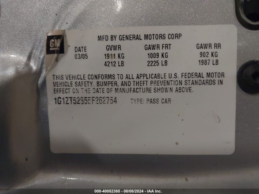 2005 Chevrolet Malibu Ls VIN: 1G1ZT52855F262754 Lot: 40052385