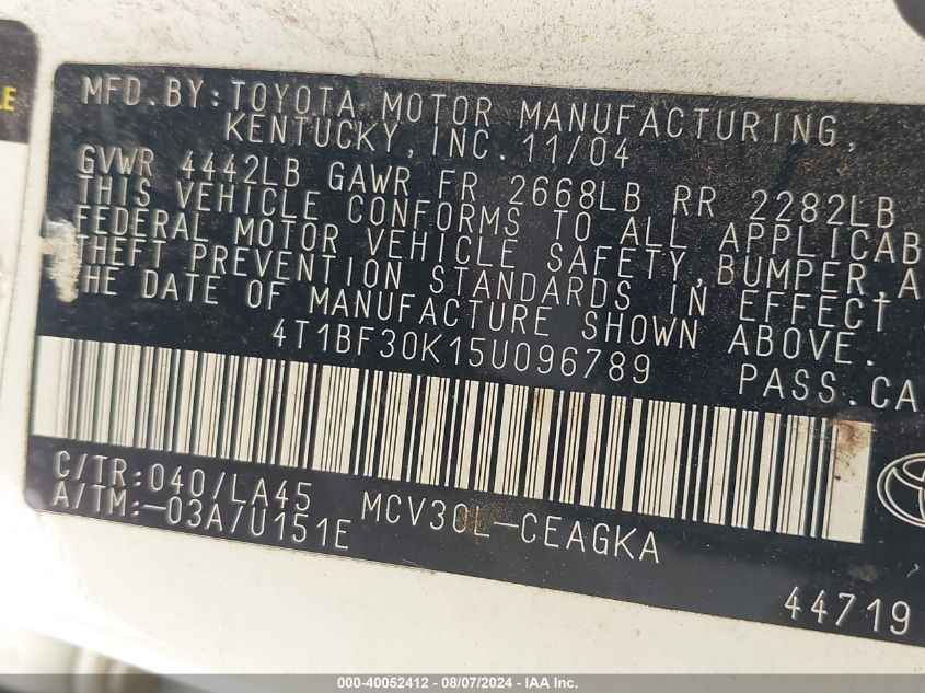 2005 Toyota Camry Xle V6 VIN: 4T1BF30K15U096789 Lot: 40052412