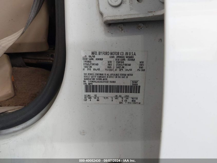 2000 Ford Excursion Limited VIN: 1FMNU43S3YEE15080 Lot: 40052430