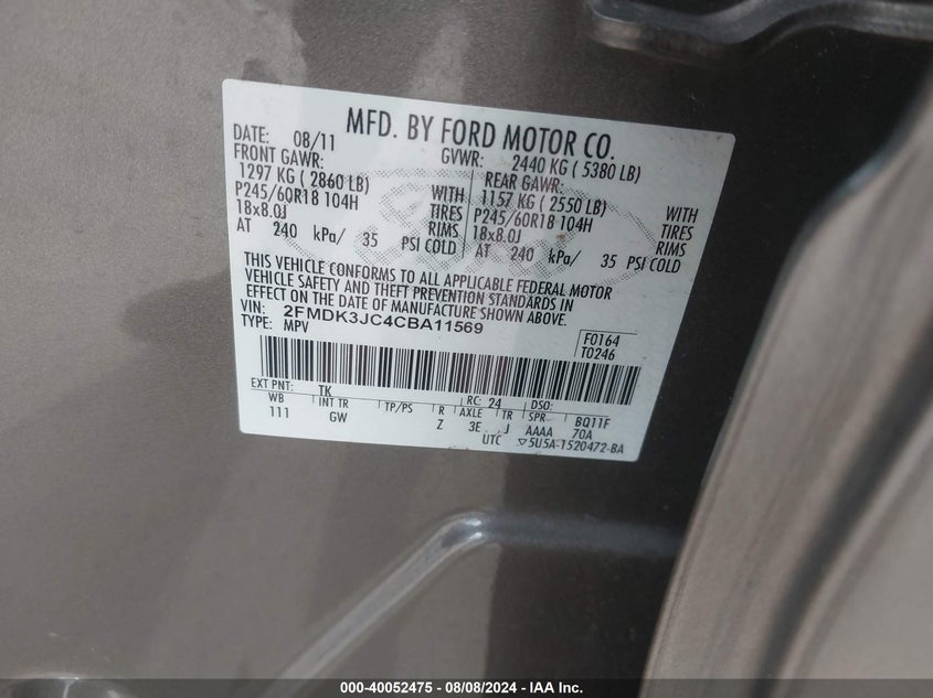 2012 Ford Edge Sel VIN: 2FMDK3JC4CBA11569 Lot: 40052475