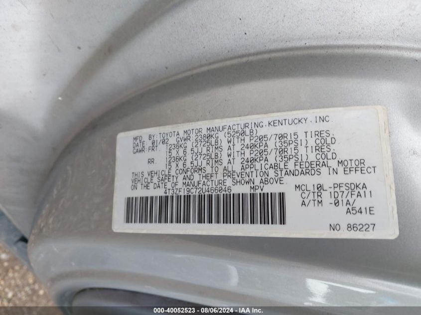 2002 Toyota Sienna Ce VIN: 4T3ZF19C72U466046 Lot: 40052523