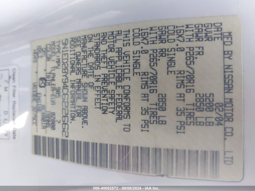 2004 Nissan Xterra Xe VIN: 5N1ED28Y94C622662 Lot: 40052572