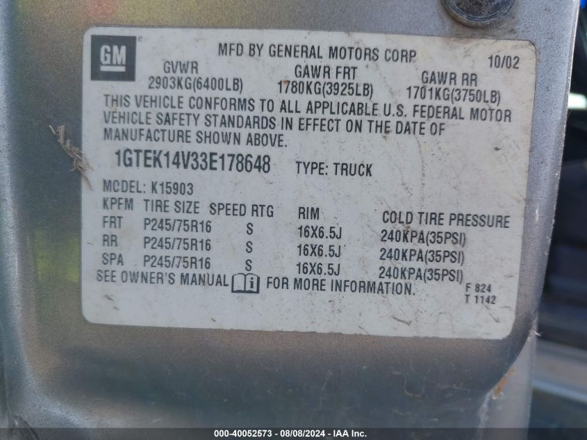 2003 GMC Sierra 1500 Work Truck VIN: 1GTEK14V33E178648 Lot: 40052573