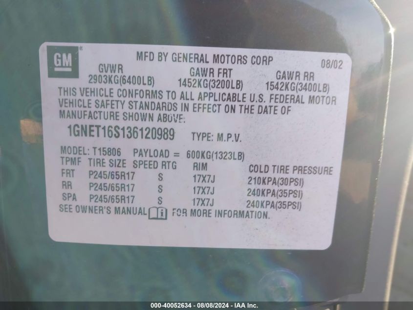 2003 Chevrolet Trailblazer Ext VIN: 1GNET16S136120989 Lot: 40052634