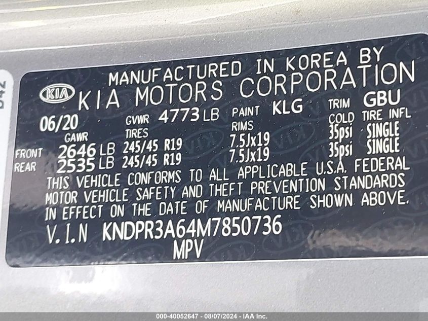 2021 Kia Sportage Sx VIN: KNDPR3A64M7850736 Lot: 40052647