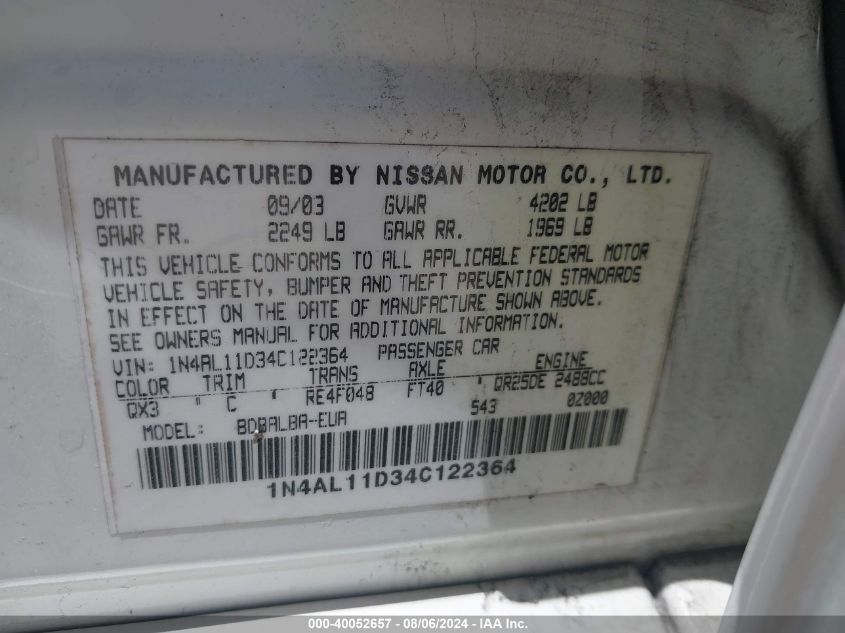 2004 Nissan Altima 2.5 S VIN: 1N4AL11D34C122364 Lot: 40052657