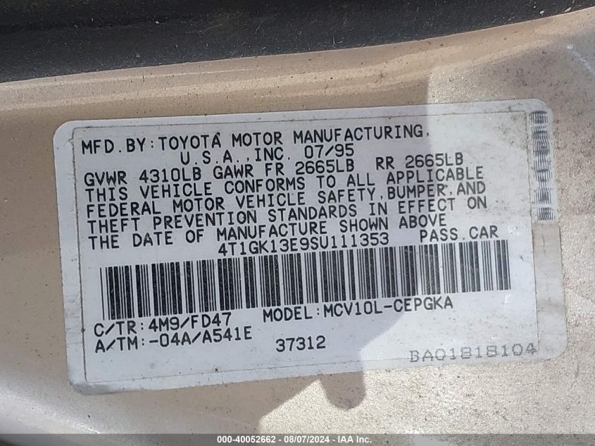 1995 Toyota Camry Xle VIN: 4T1GK13E9SU111353 Lot: 40052662