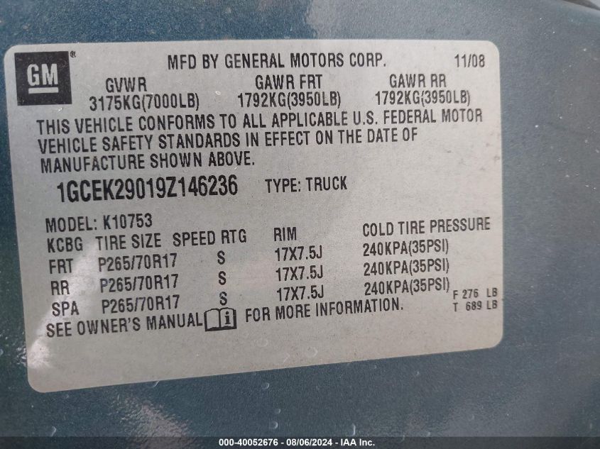 2009 Chevrolet Silverado 1500 Lt VIN: 1GCEK29019Z146236 Lot: 40052676