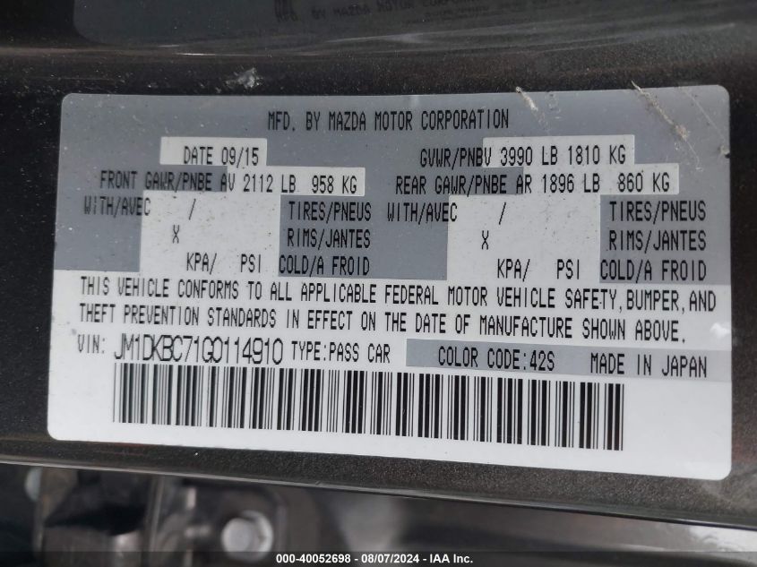 2016 Mazda Cx-3 Touring VIN: JM1DKBC71G0114910 Lot: 40052698
