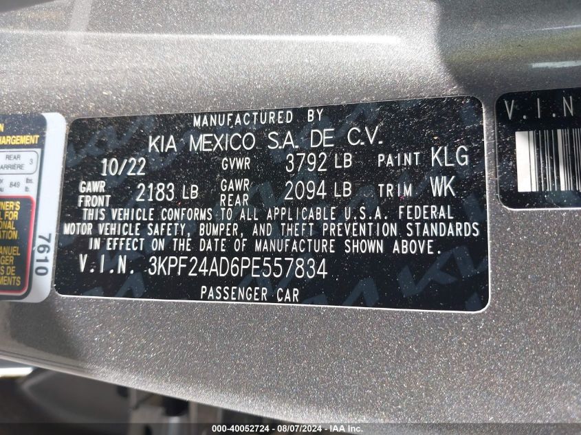 2023 Kia Forte Lxs VIN: 3KPF24AD6PE557834 Lot: 40052724