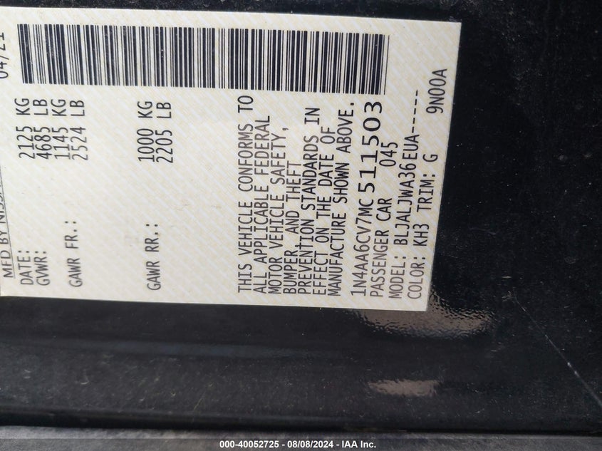 2021 NISSAN MAXIMA 3.5L V6 FI DOHC 24V (VIN: 1N4AA6CV7MC511503