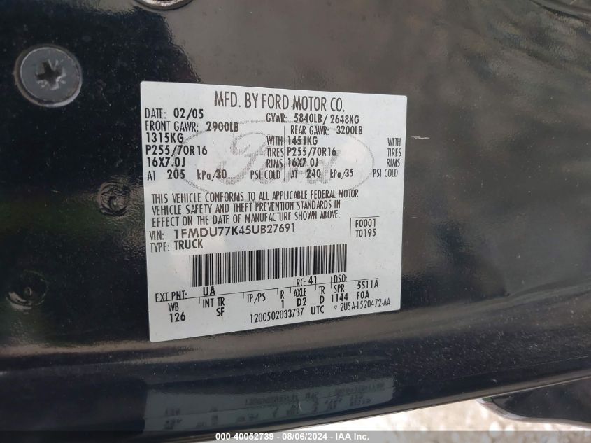 2005 Ford Explorer Sport Trac Adrenalin/Xls/Xlt VIN: 1FMDU77K45UB27691 Lot: 40052739