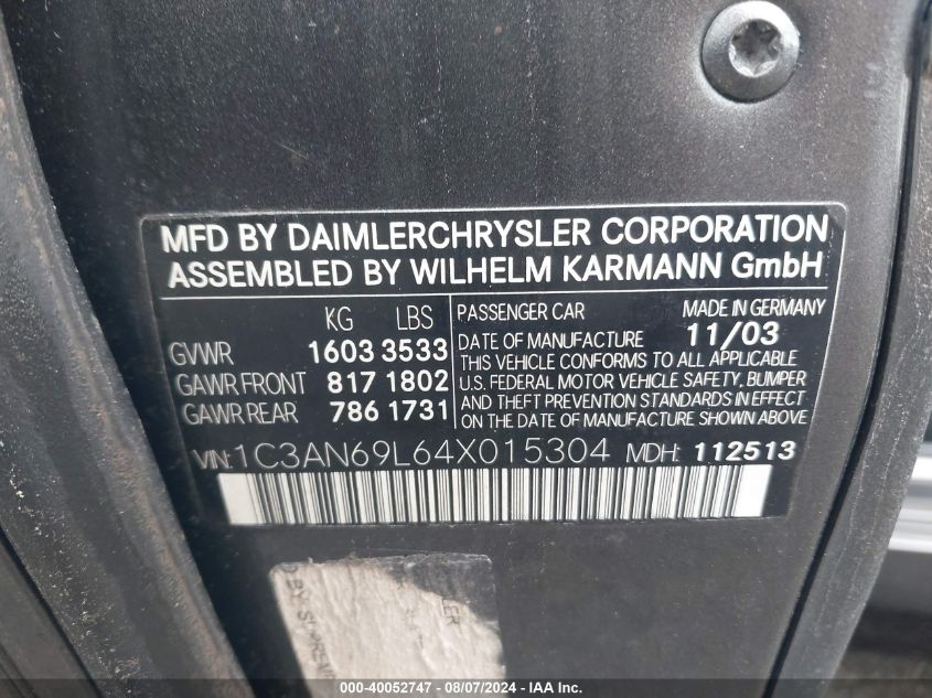 2004 Chrysler Crossfire Limited VIN: 1C3AN69L64X015304 Lot: 40052747