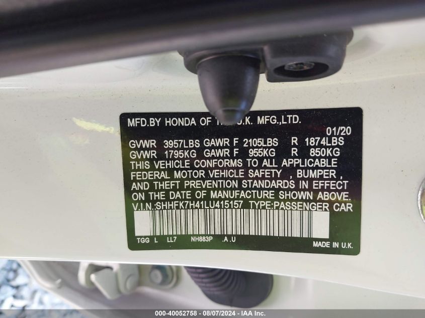 2020 Honda Civic Sport VIN: SHHFK7H41LU415157 Lot: 40052758