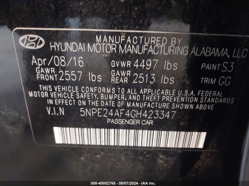 2016 Hyundai Sonata Se VIN: 5NPE24AF4GH423347 Lot: 40052765