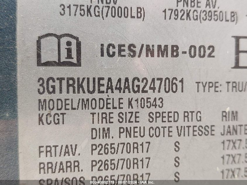 2010 GMC Sierra 1500 Sl VIN: 3GTRKUEA4AG247061 Lot: 40052778