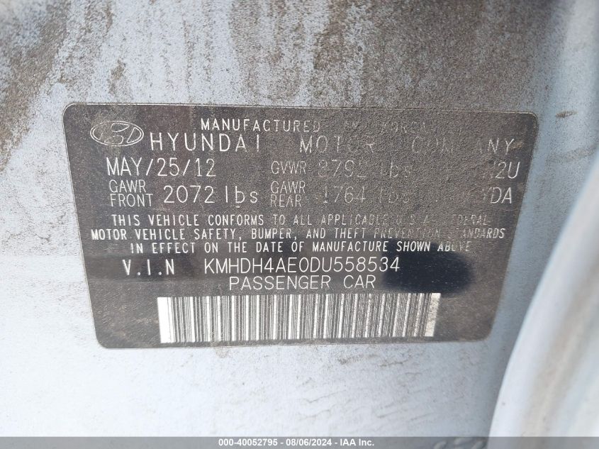 2013 Hyundai Elantra Limited VIN: KMHDH4AE0DU558534 Lot: 40052795