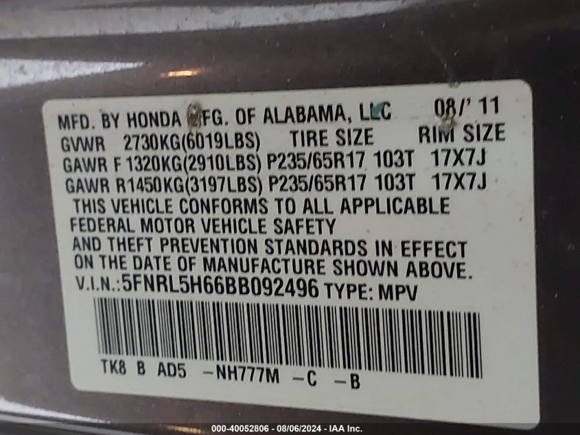 2011 Honda Odyssey Ex-L VIN: 5FNRL5H66BB092496 Lot: 40052806