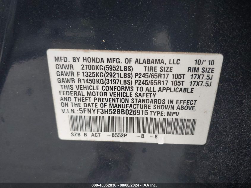 2011 Honda Pilot Ex-L VIN: 5FNYF3H52BB026915 Lot: 40052836