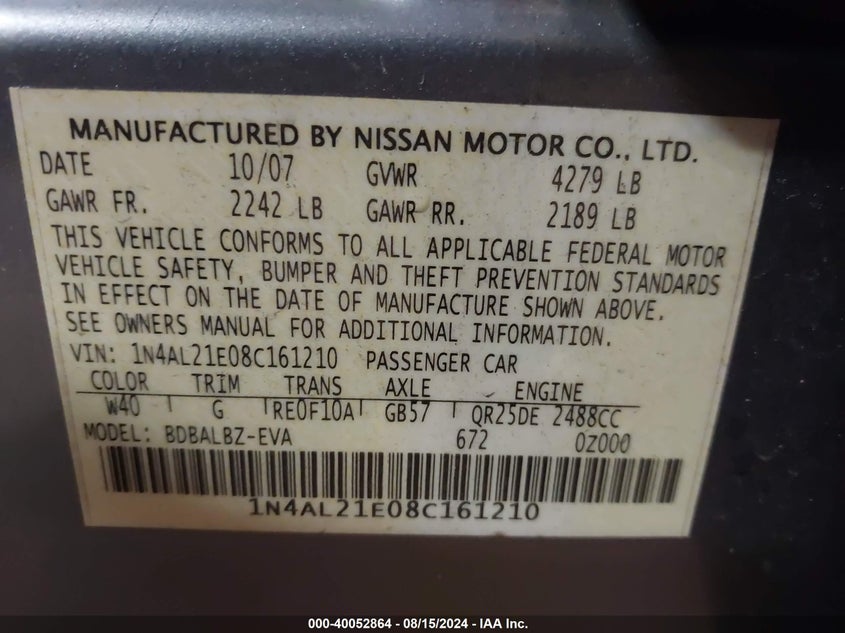 2008 Nissan Altima 2.5 S VIN: 1N4AL21E08C161210 Lot: 40052864