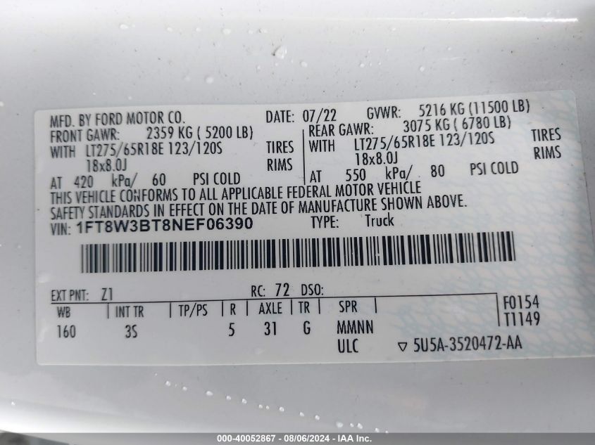 2022 Ford F350 Super Duty VIN: 1FT8W3BT8NEF06390 Lot: 40052867