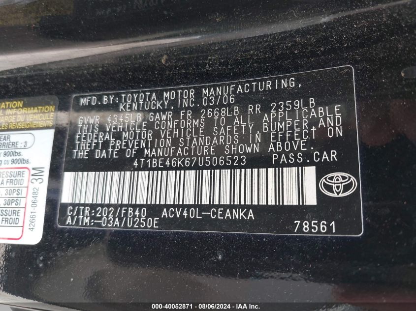 4T1BE46K67U506523 | 2007 TOYOTA CAMRY