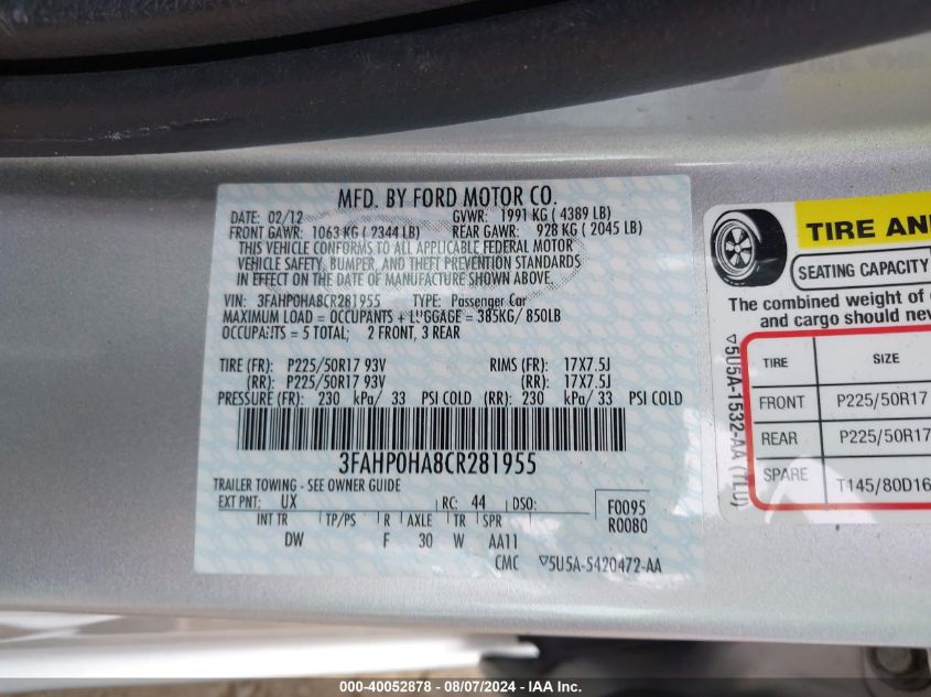 2012 Ford Fusion VIN: 3FA8P0HA8CR281955 Lot: 40052878