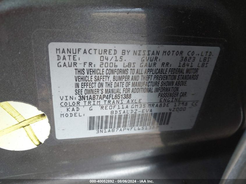 2015 Nissan Sentra Fe+ S/S/Sl/Sr/Sv VIN: 3N1AB7AP4FL651388 Lot: 40052892