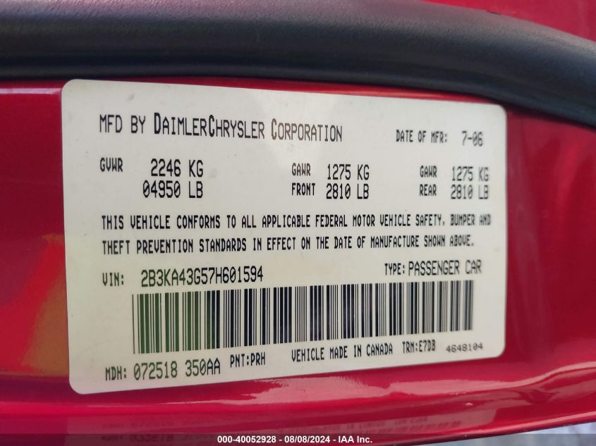 2007 Dodge Charger VIN: 2B3KA43G57H601594 Lot: 40052928