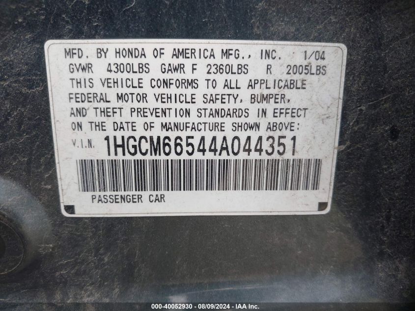 2004 Honda Accord 3.0 Ex VIN: 1HGCM66544A044351 Lot: 40052930