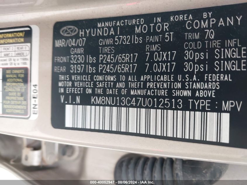 2007 Hyundai Veracruz Gls/Limited/Se VIN: KM8NU13C47U012513 Lot: 40052947