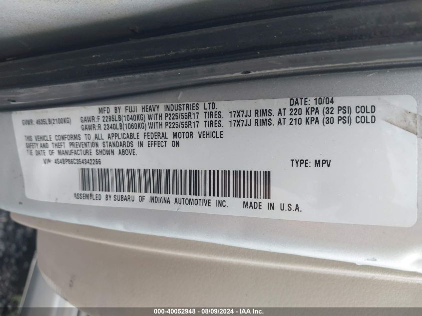 2005 Subaru Outback 3.0R L.l. Bean Edition VIN: 4S4BP86C354342266 Lot: 40052948