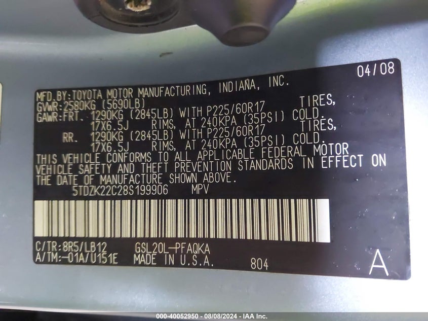 2008 Toyota Sienna Xle/Xle Limited VIN: 5TDZK22C28S199906 Lot: 40052950
