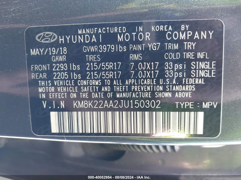 2018 Hyundai Kona Sel VIN: KM8K22AA2JU150302 Lot: 40052954